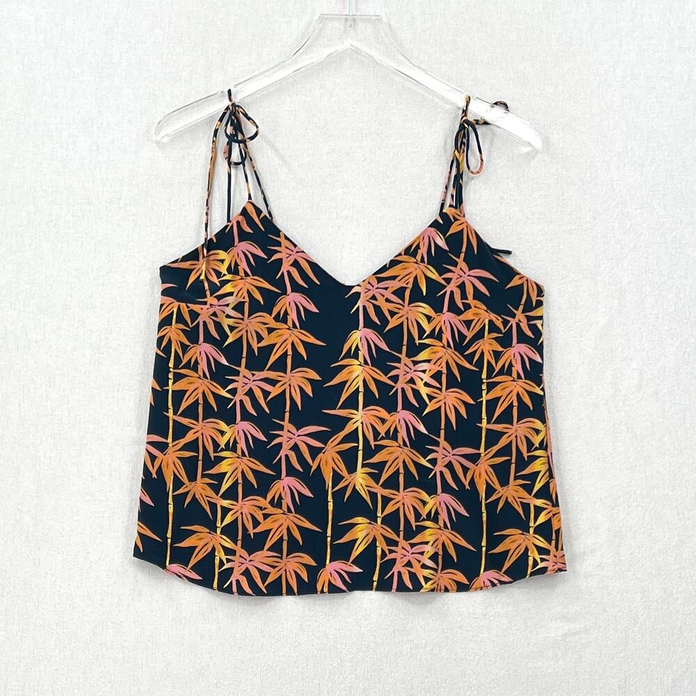 SAM AND LAVI Bamboo Print Silk Cami Tank Small Navy Blue Orange Tie Shoulder Top